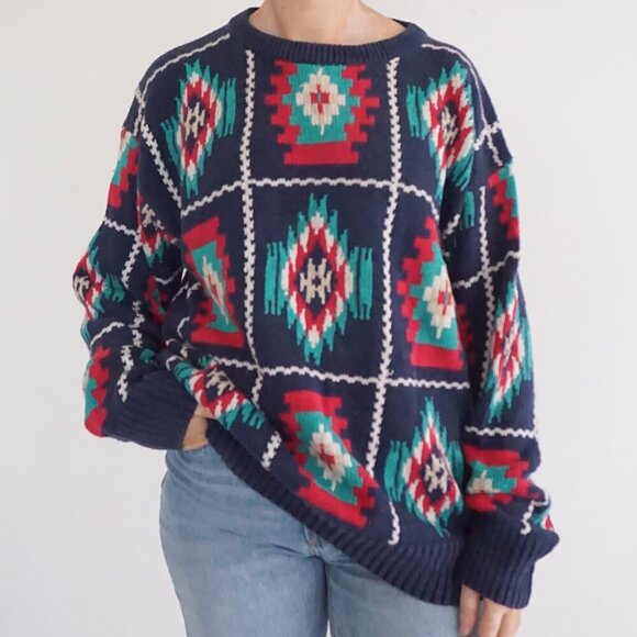Vintage '90S Rivertrader Navy Knit Teal Red Aztec Cotton Blend  Crew Sweater L - Picture 1 of 12